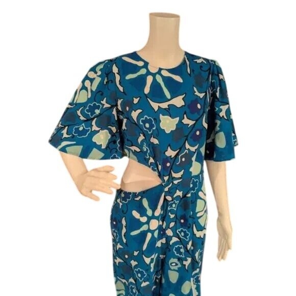 RHODE Zinnia Blue Floral Linen Cut Out Wide Leg Jumpsuit - Picture 3 of 7
